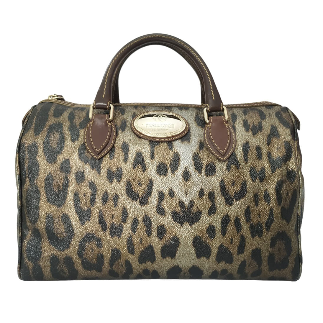 Roberto Cavalli Brown & Gold Leopard Printed Leather Boston Bag