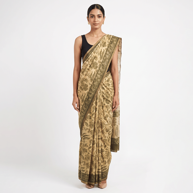 Ritu Kumar beige and olive-green botanical printed cotton-silk saree with blouse material-Hover-Image