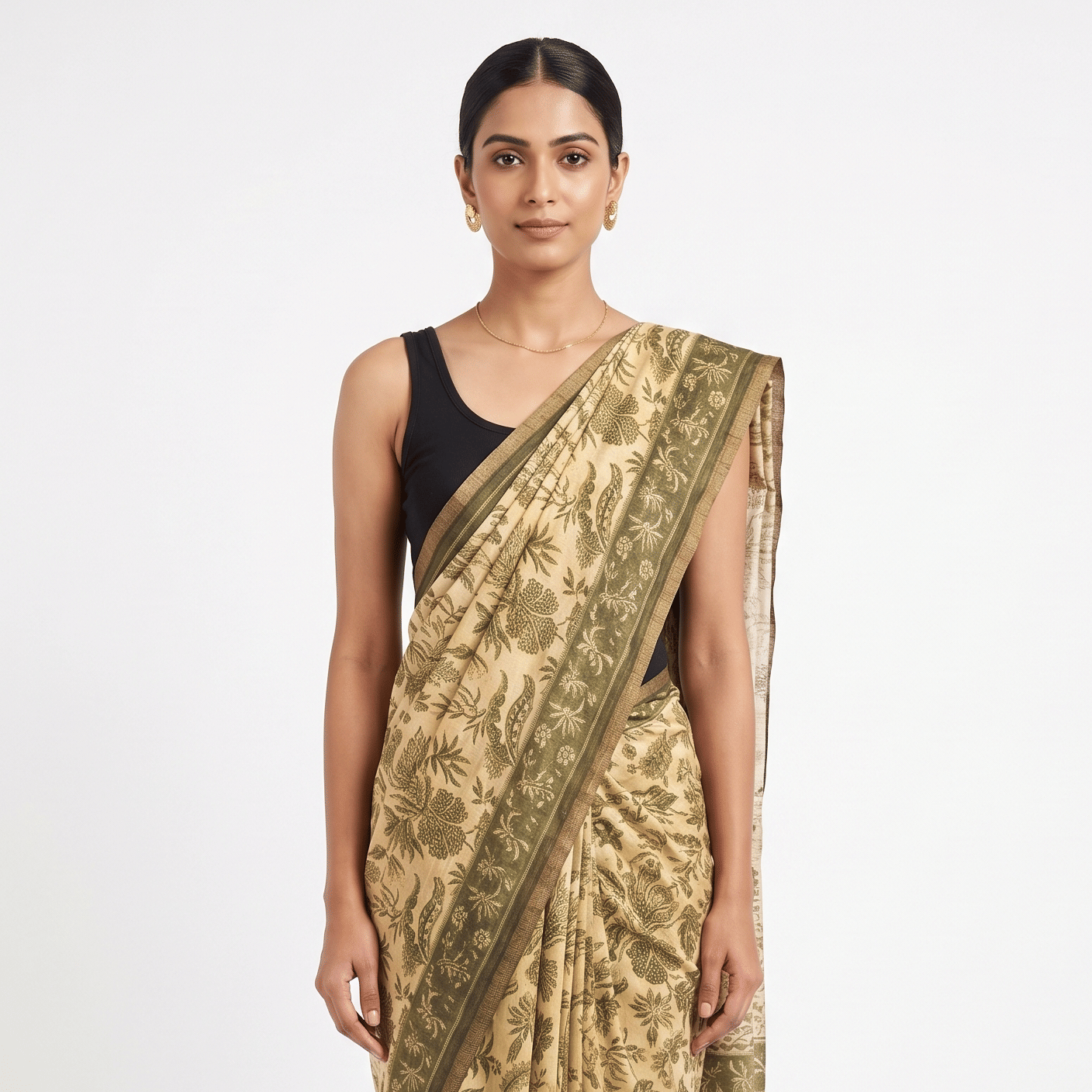 Ritu Kumar beige and olive-green botanical printed cotton-silk saree with blouse material