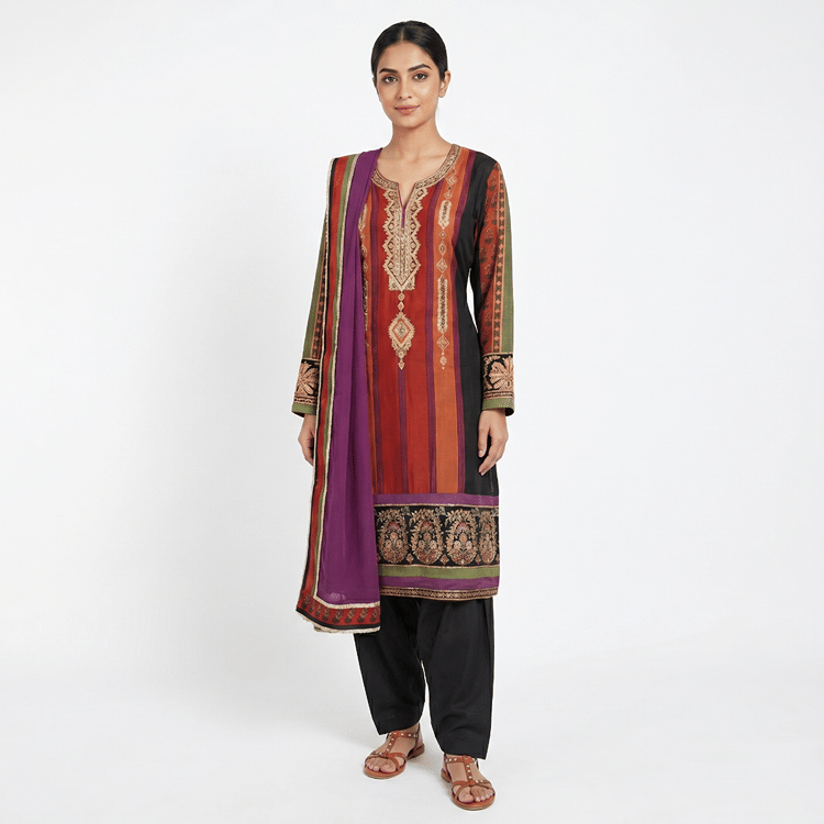 Ritu Kumar Black & Burg Chamba Aari Suit Set-Hover-Image