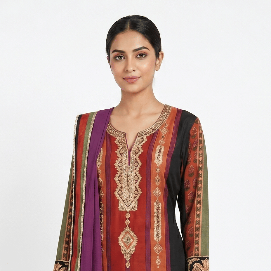 Ritu Kumar Black & Burg Chamba Aari Suit Set