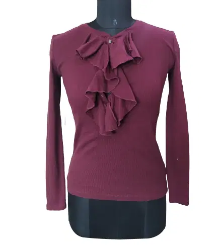 Ralph Lauren Maroon Ruffle Button Top