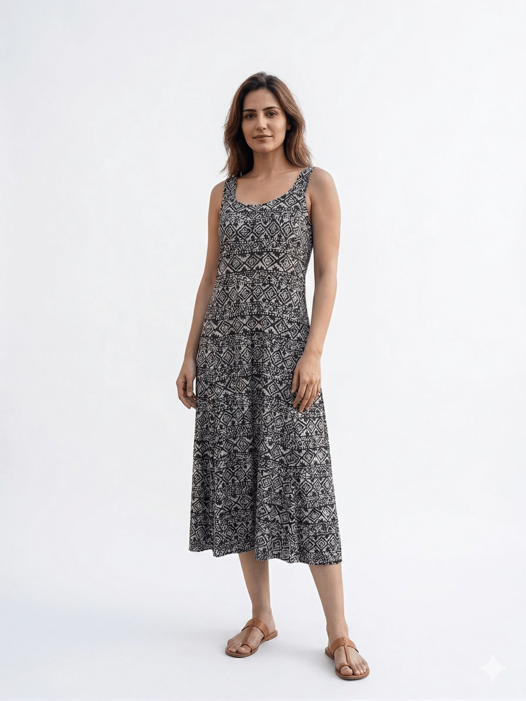 Ralph Lauren Black & White Geometric Print Soft Dress, Size M-Hover-Image