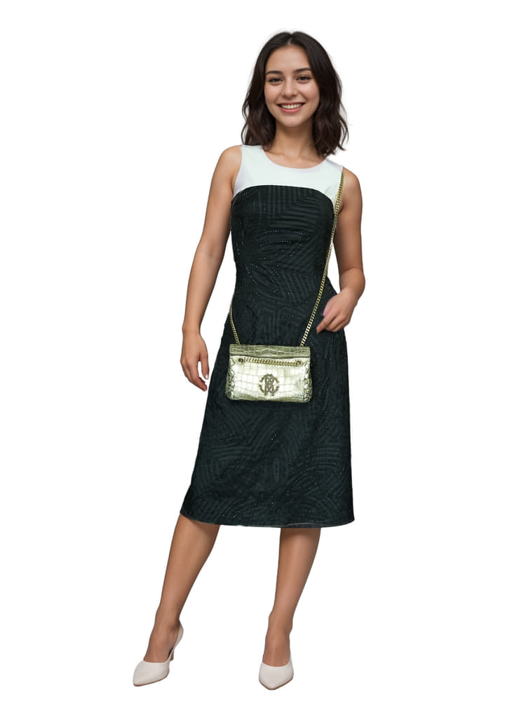 Roberto Cavalli Metallic Gold Crocodile Embossed Leather Bag-Hover-Image