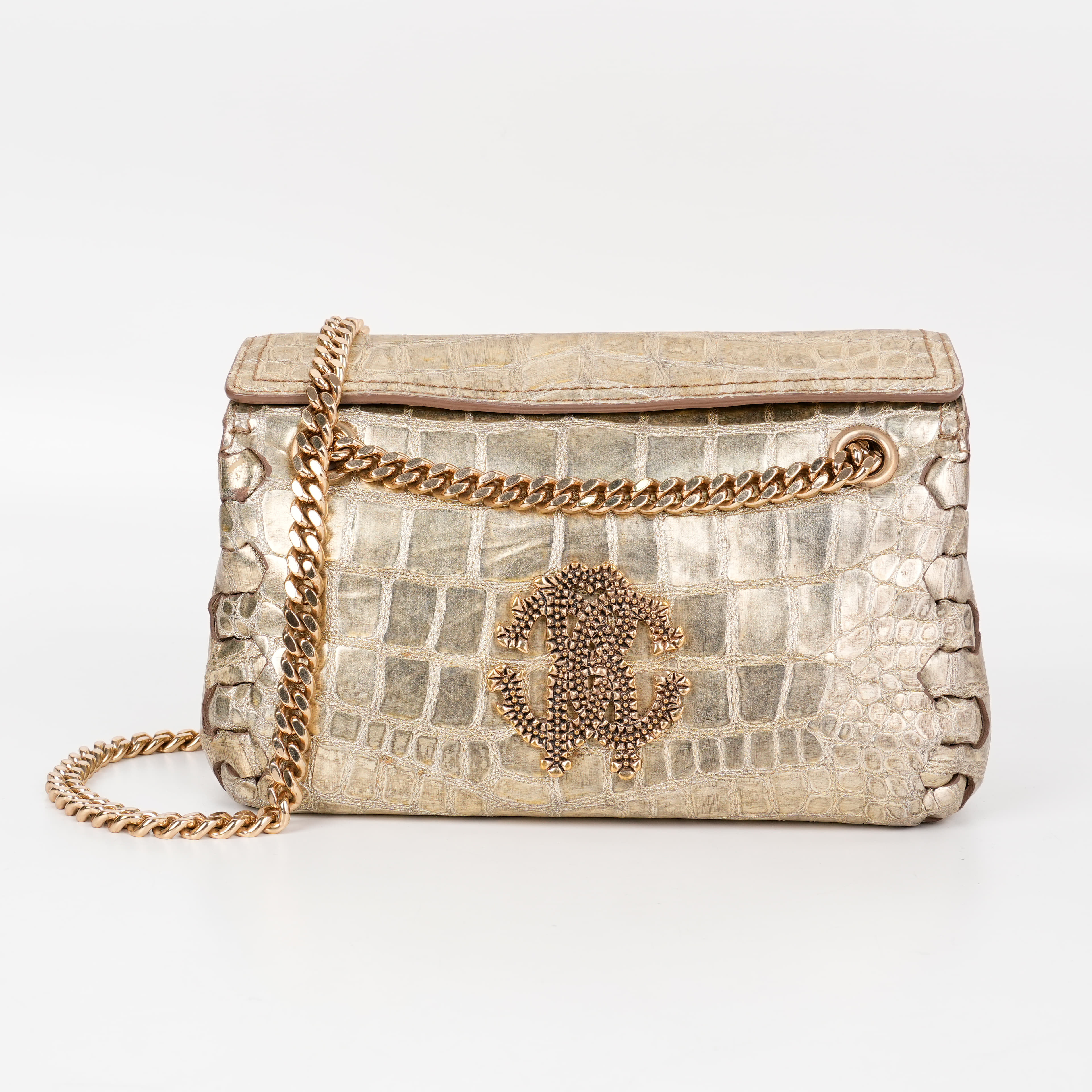 Roberto Cavalli Metallic Gold Crocodile Embossed Leather Bag