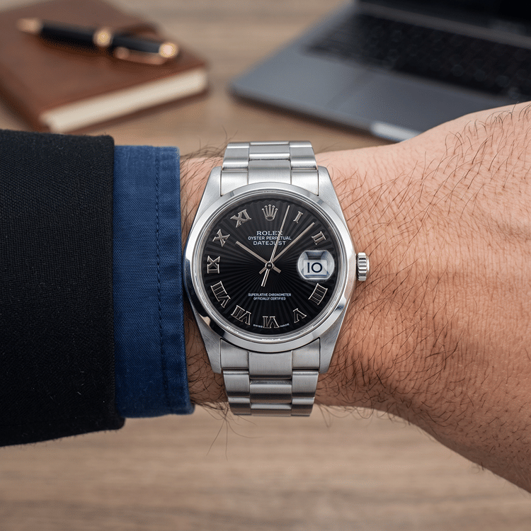 Rolex Datejust 36 MM Sunbeam Black Roman Dial Steel Automatic Watch Ref. No 16200-Hover-Image