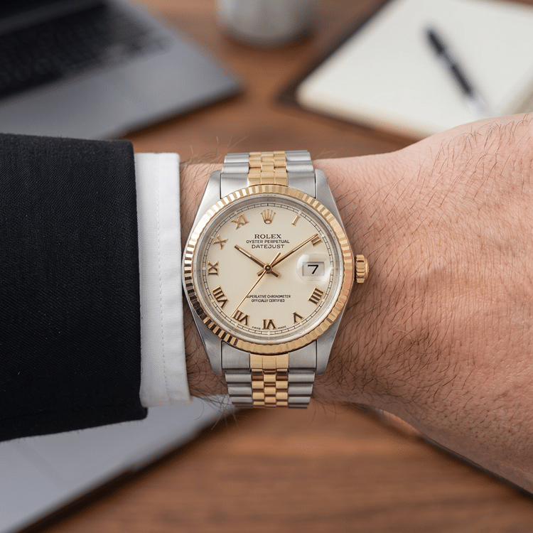 Rolex Datejust 36 MM White Roman Numerals Yellow Gold & Steel Automatic Watch Ref. No 16013-Hover-Image