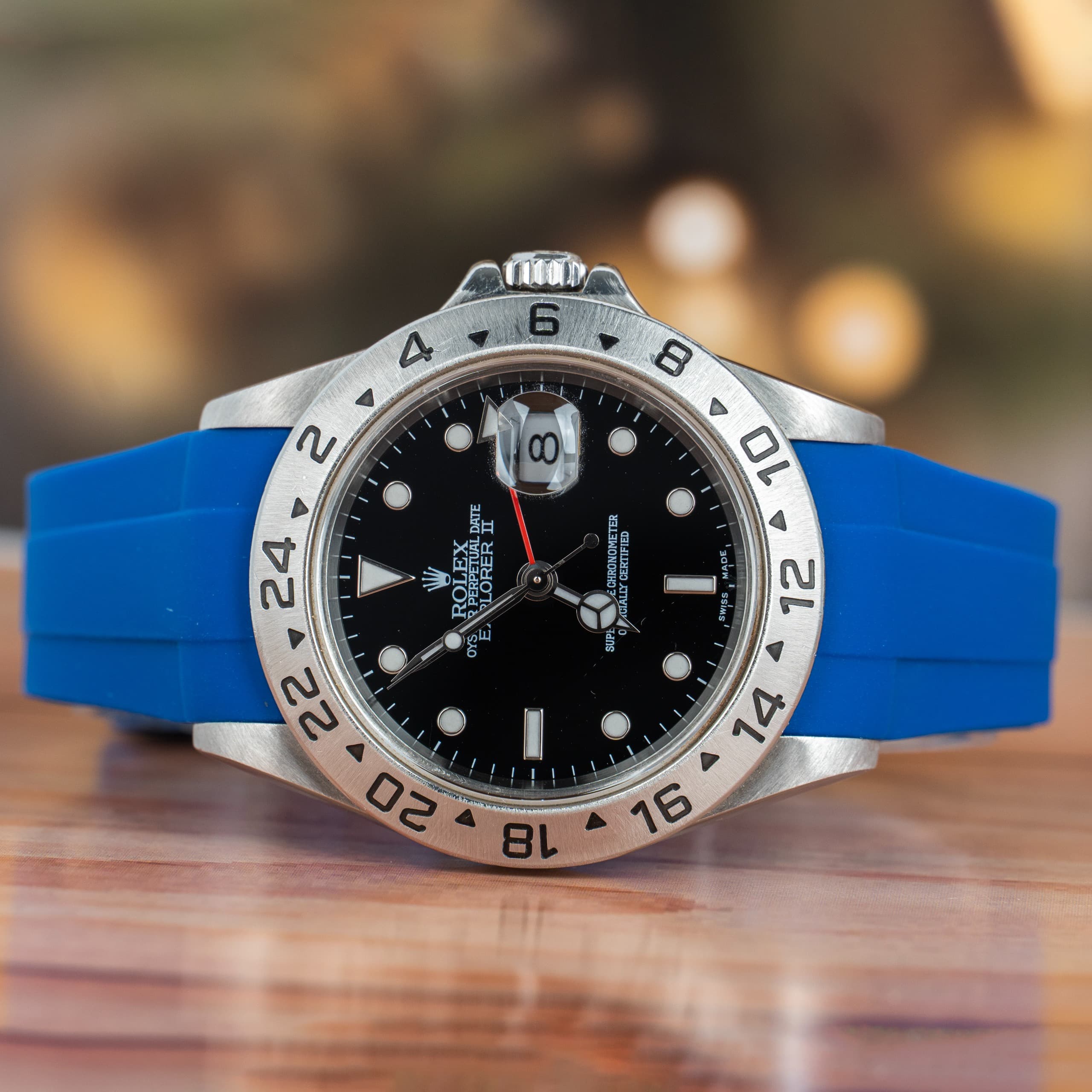 Rolex Explorer II 40 MM Black Dial Steel Blue Strap Watch