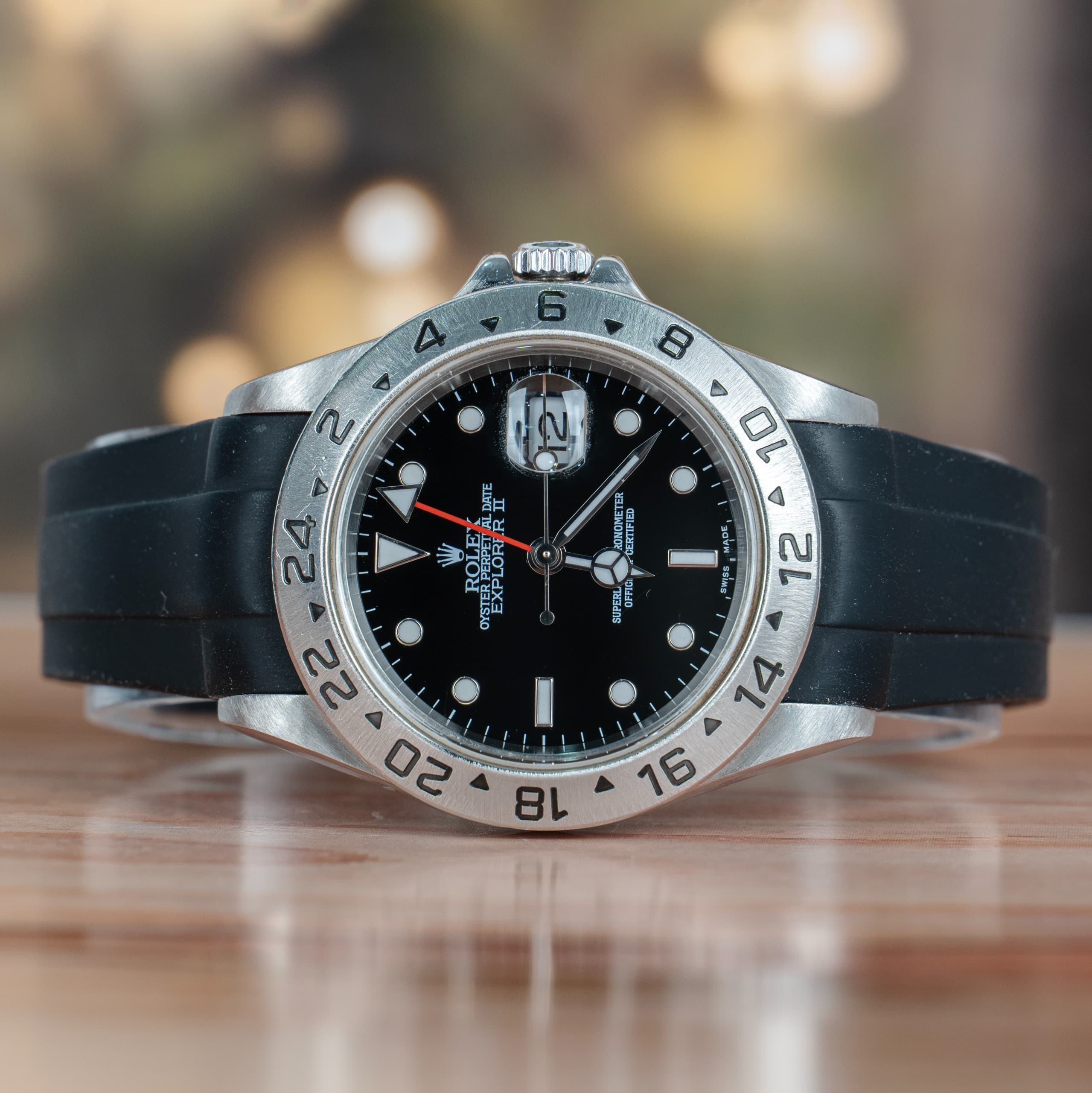 Rolex Explorer II 40 MM Black Dial Steel Black Strap Watch