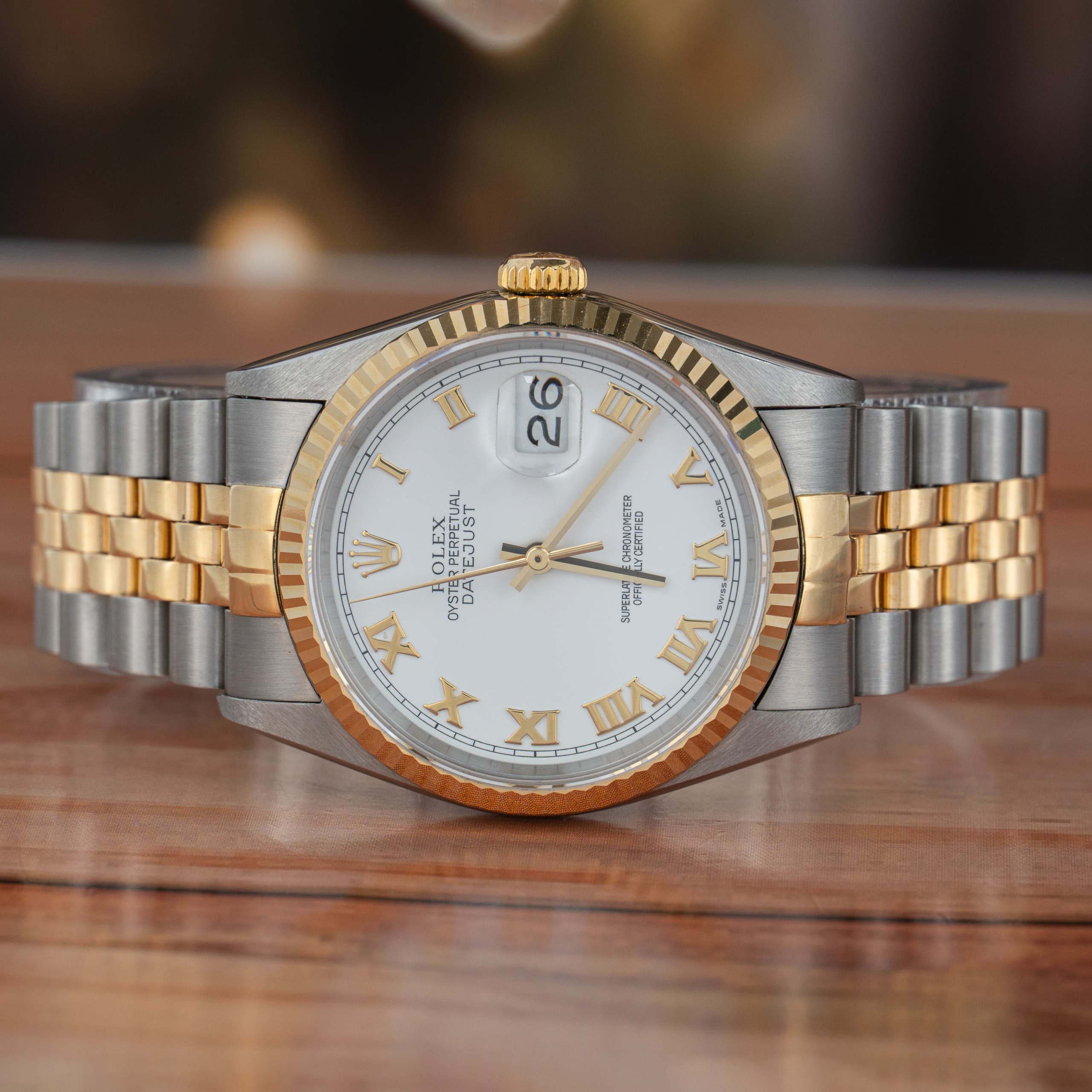 Rolex Datejust 36 MM White Roman Numerals Yellow Gold & Steel Automatic Watch 16233