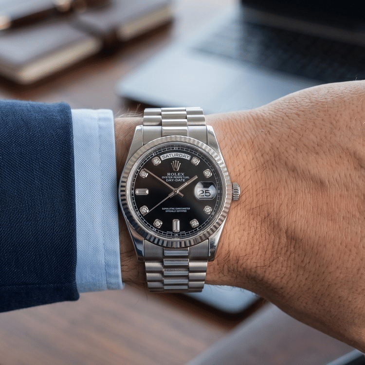 Rolex Day-Date President 36 MM Factory Black Diamond Dial White Gold Automatic Watch 118239-Hover-Image