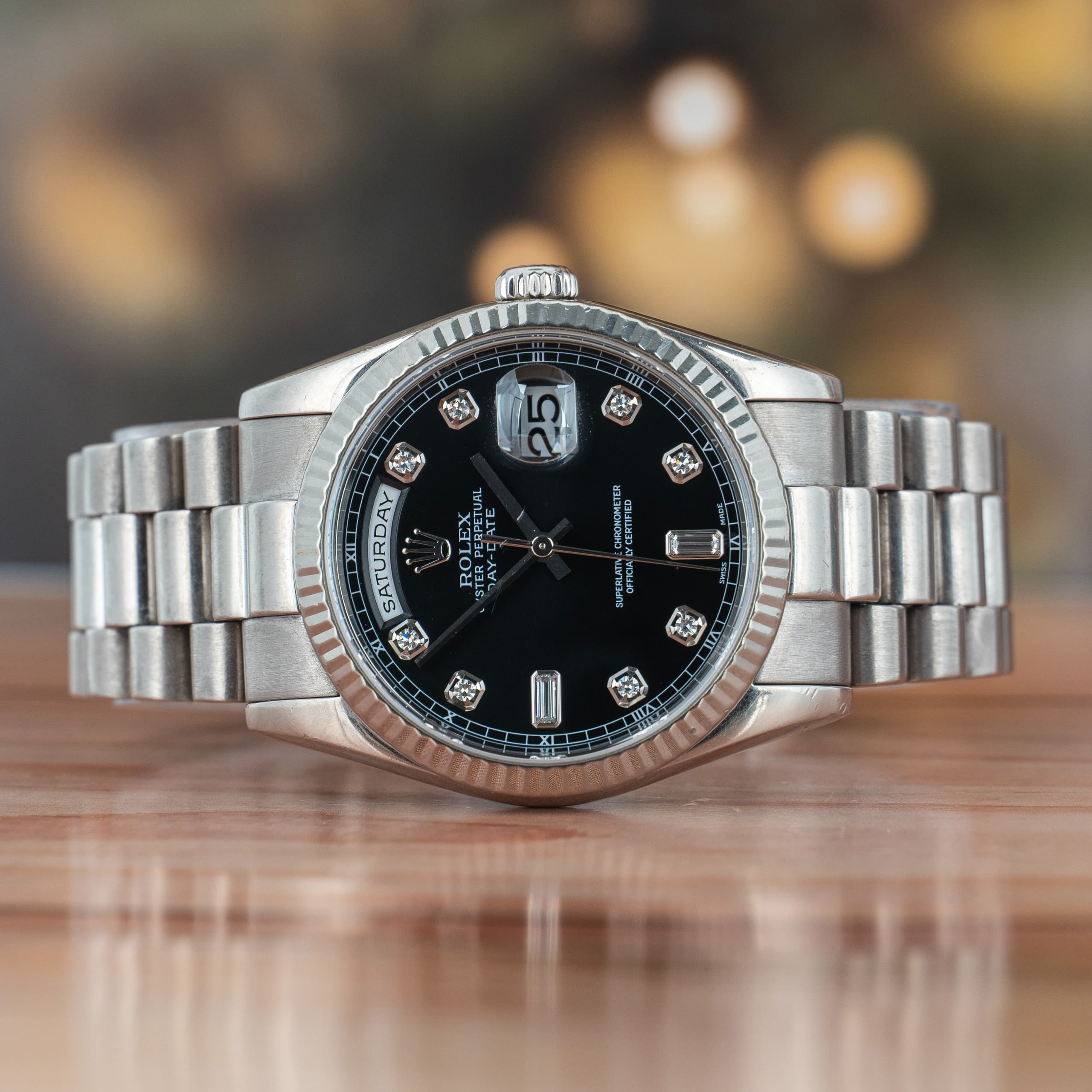 Rolex Day-Date President 36 MM Factory Black Diamond Dial White Gold Automatic Watch 118239