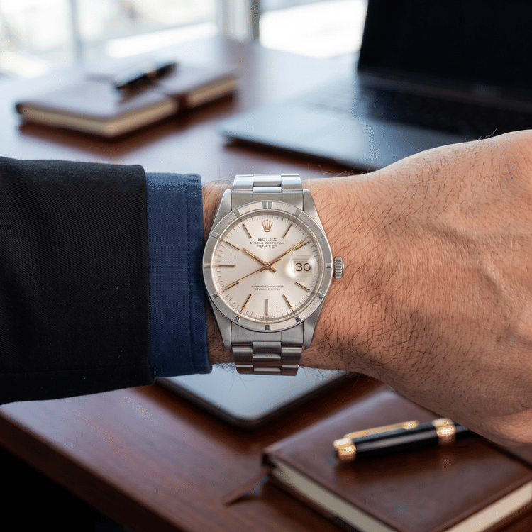 Rolex Oyster Perpetual Date 34 MM Silver Dial Steel Automatic Watch Ref. No 15010-Hover-Image