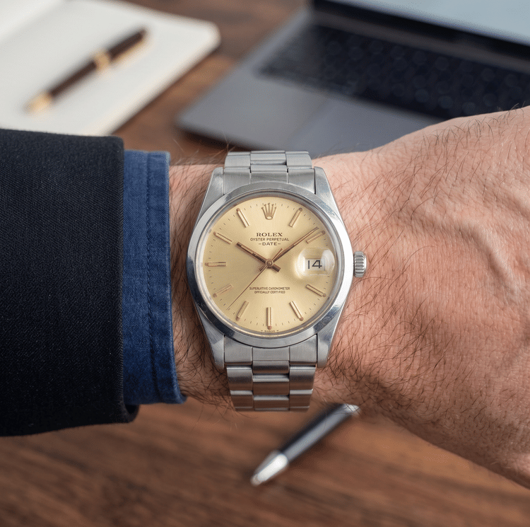Rolex Oyster Perpetual Date 34 MM Gold Dial Steel Automatic Watch Ref. No 15000-Hover-Image