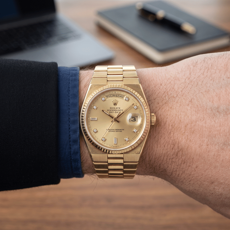 Rolex Day-Date Oysterquartz 36 MM Diamond Dial 18K Yellow Full Gold Quartz Watch Ref. No 19018-Hover-Image