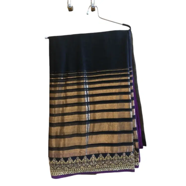 Sabyasachi Black Saree with Golden border and blouse-Hover-Image
