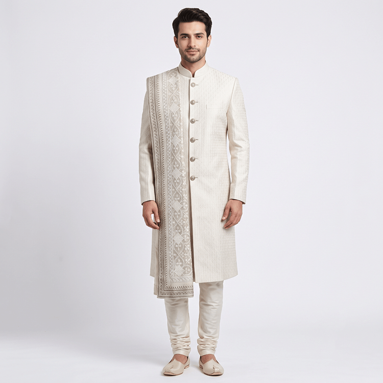 Sabyasachi Mens Sherwani Kurta Set With Dupatta-Hover-Image