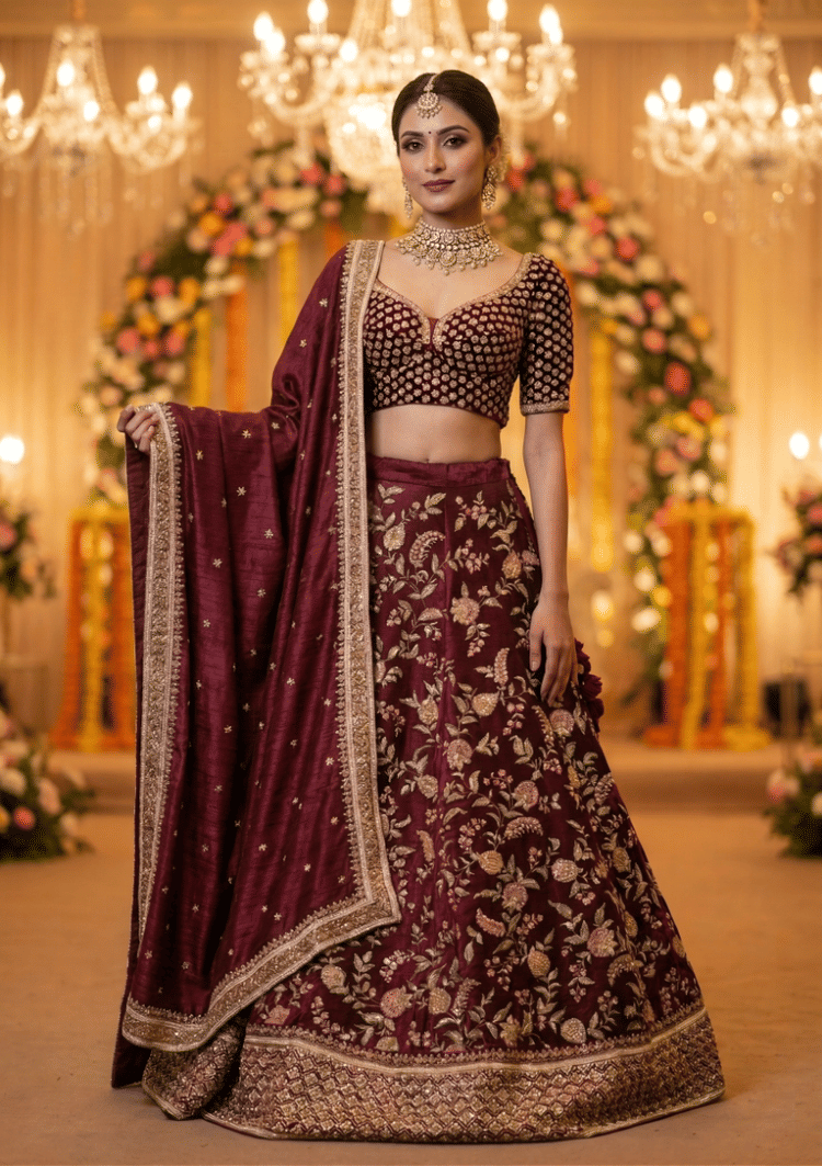 Sabyasachi Maroon Velvet Lehenga Set-Hover-Image