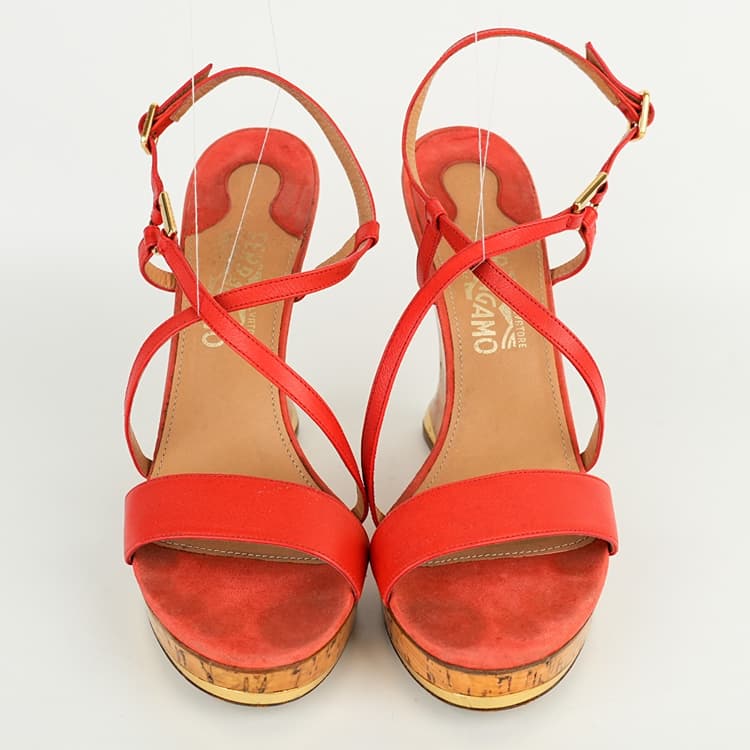 Size 10 - Salvatore Ferragamo Coral Red Leather Gancini Cork Wedge Sandals-Hover-Image