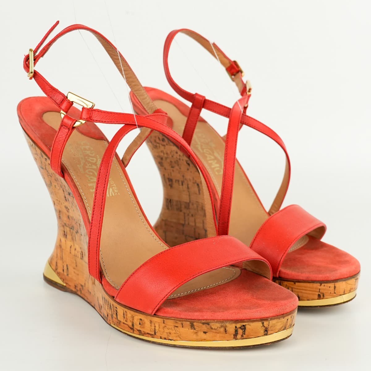 Size 10 - Salvatore Ferragamo Coral Red Leather Gancini Cork Wedge Sandals