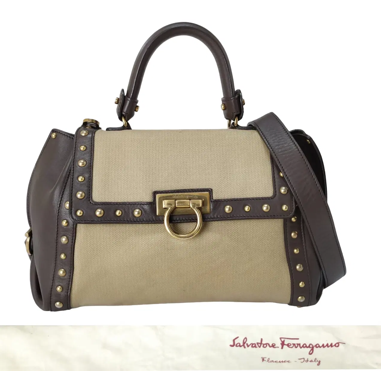 Salvatore Ferragamo Sofia Canvas and Leather Medium Top Handle Bag