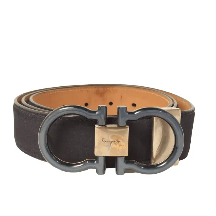 Salvatore Ferragamo Gancini Blue Buckle Suede Leather Belt-Hover-Image