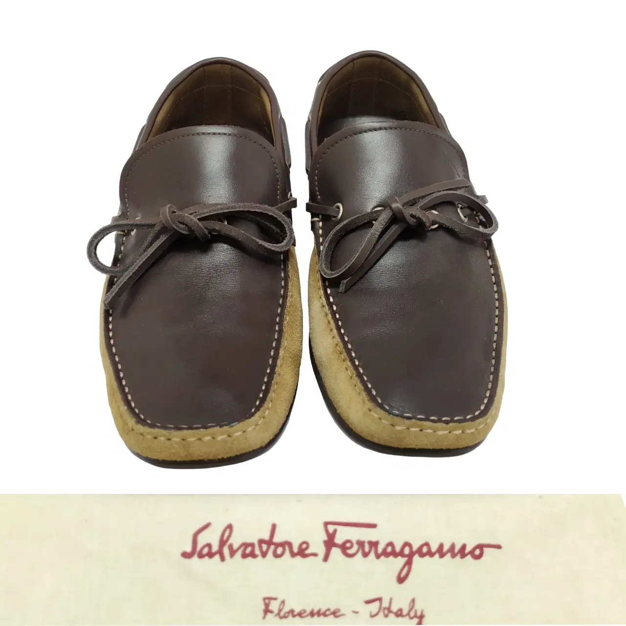 Size 6.5 - Salvatore Ferragamo Brown and Tan Suede Knot Loafers