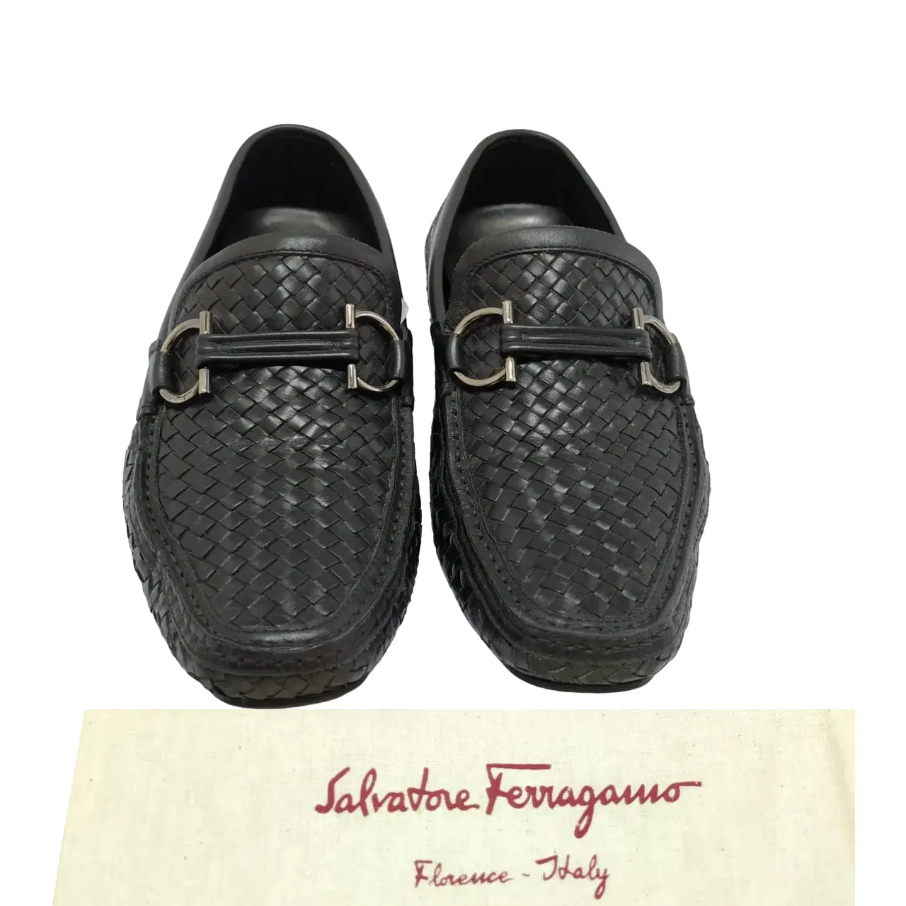 Size 6 - Salvatore Ferragamo Black Barbados Woven Gancini Bit Driver Loafers