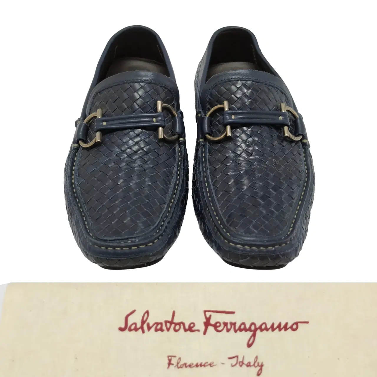 Size 6 - Salvatore Ferragamo Navy Barbados Woven Gancini Bit Driver Loafers