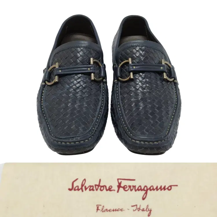 Size 6 - Salvatore Ferragamo Navy Barbados Woven Gancini Bit Driver Loafers-Hover-Image