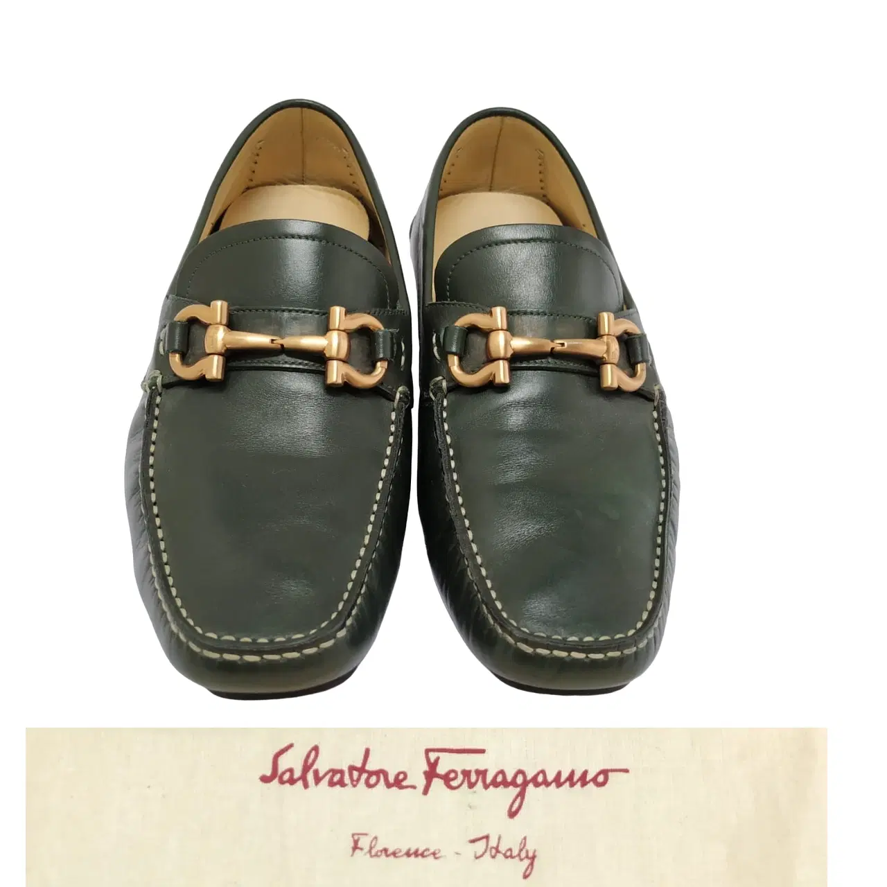 Size 6.5 - Salvatore Ferragamo Olive Green Leather Parigi Gancini Bit Driver Loafers