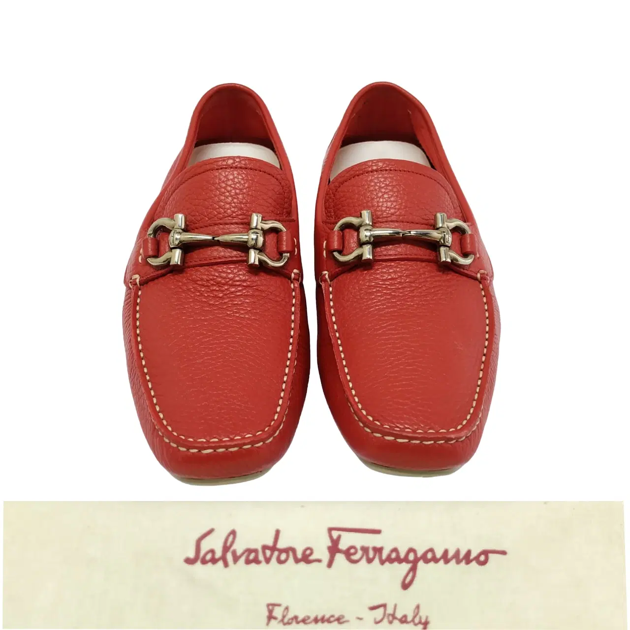 Size 6 - Salvatore Ferragamo Red and White Leather Parigi Gancini Bit Driver Loafers