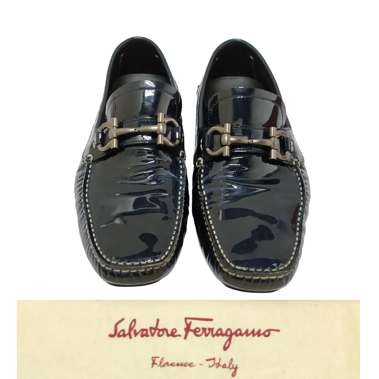 Size 6.5 - Salvatore Ferragamo Black Patent Leather Parigi Gancini Bit Driver Loafers