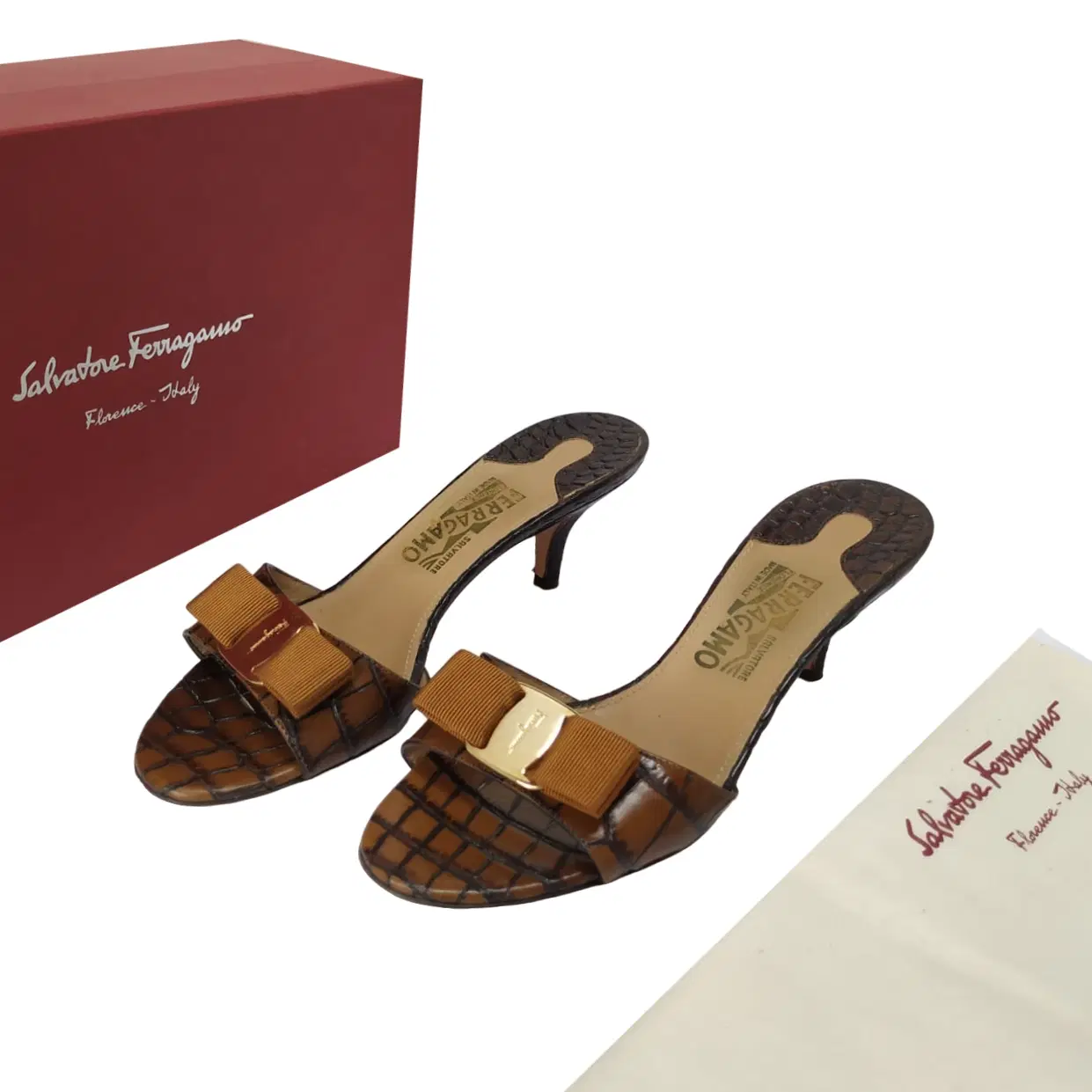 Size 7 - Salvatore Ferragamo Croc Glory Bow Slide Sandal