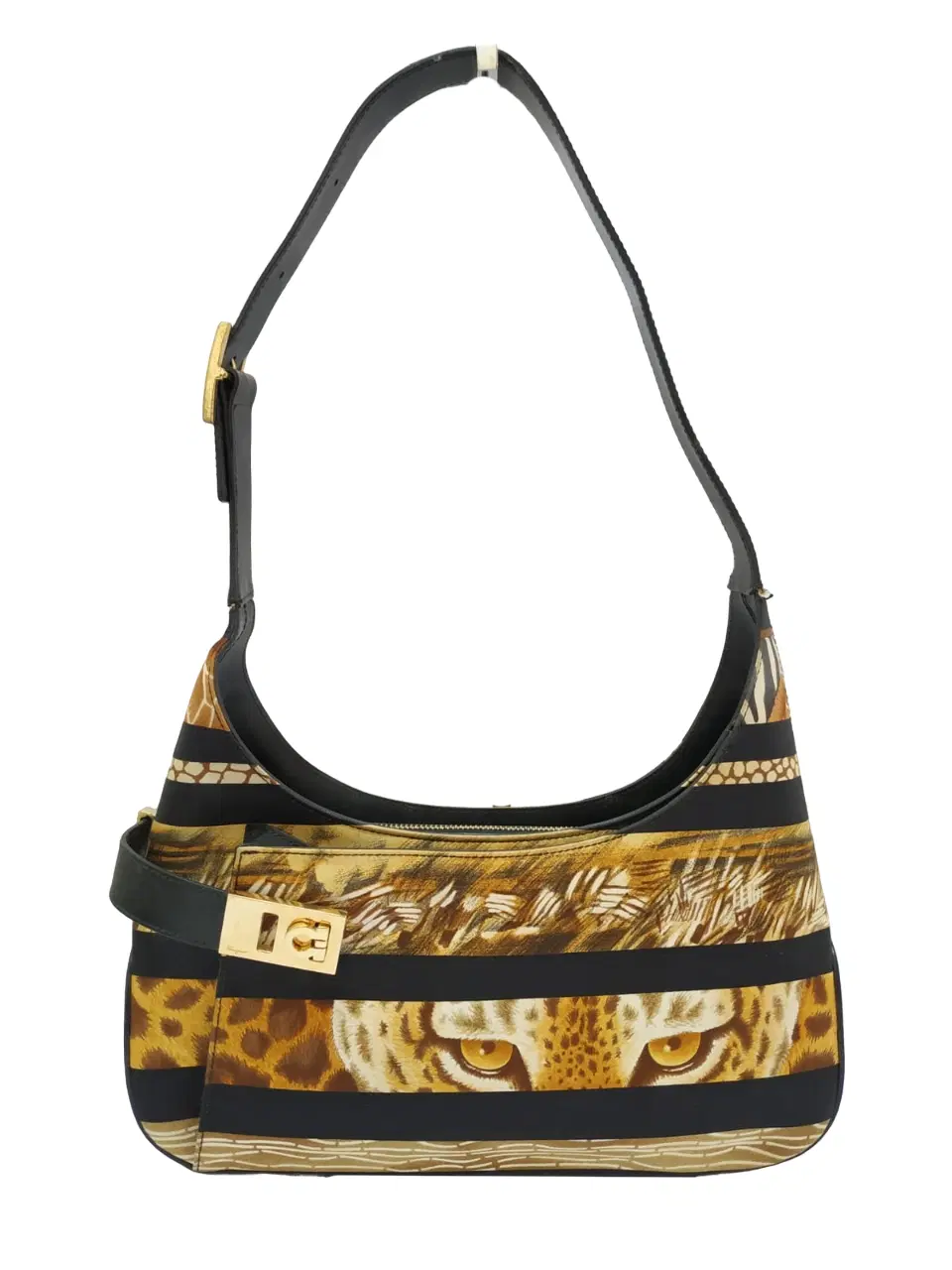 Salvatore Ferragamo Tiger Print and Black Leather Shoulder Bag