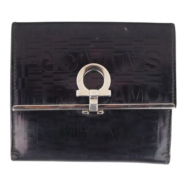 Salvatore Ferragamo Black Patent Leather Gancini Tri Fold Wallet-Hover-Image