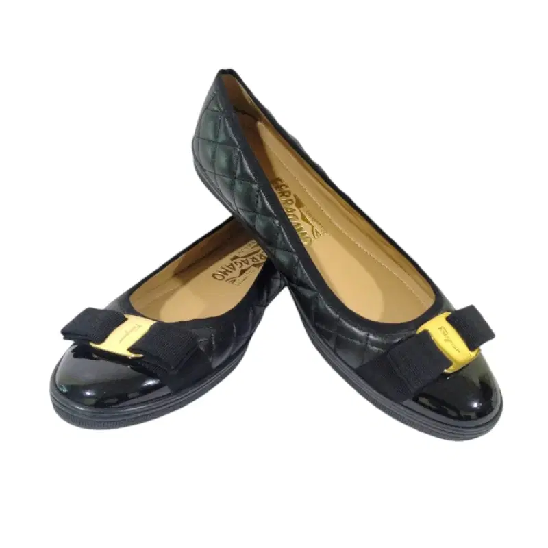 Salvatore Ferragamo Black Quilted Bow Patent Leather Ballet Shoes