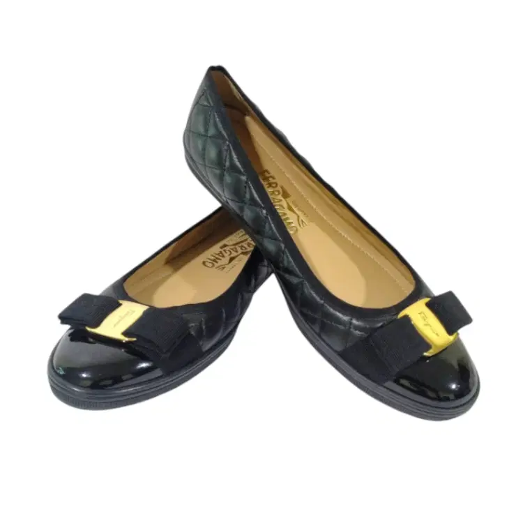 Salvatore Ferragamo Black Quilted Bow Patent Leather Ballet Shoes-Hover-Image