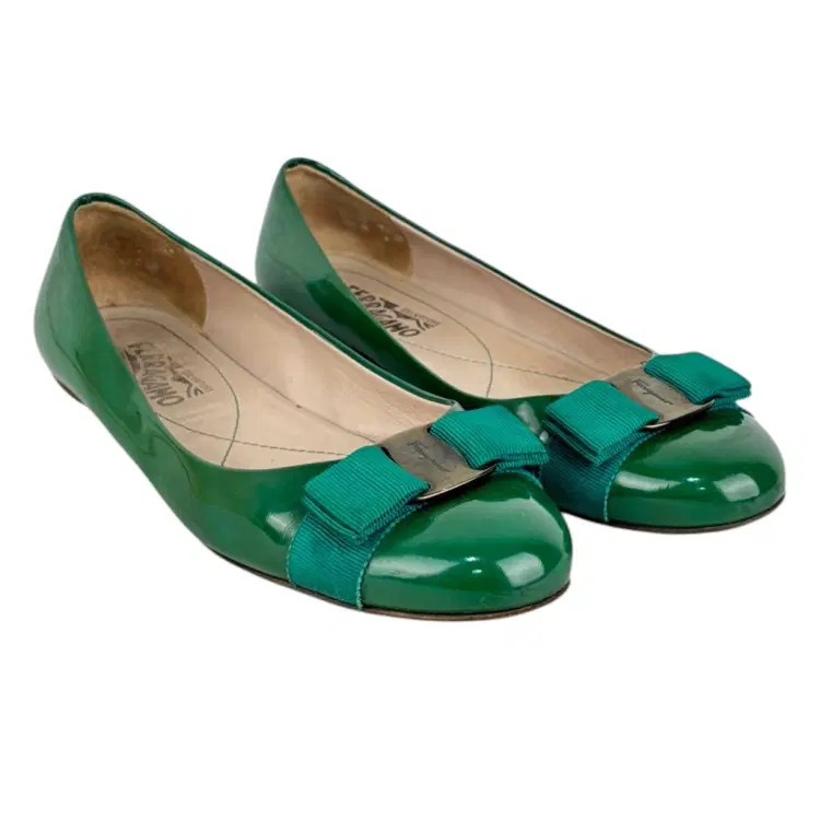Size 7.5 - Salvatore Ferragamo Forest Green Patent Leather Vara Bow Ballet Flats-Hover-Image