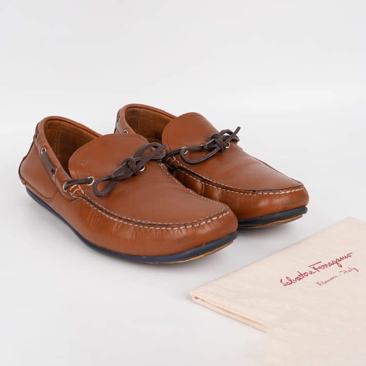 US 9 - Salvatore Ferragamo Leather Boat Loafers in Brown-Hover-Image