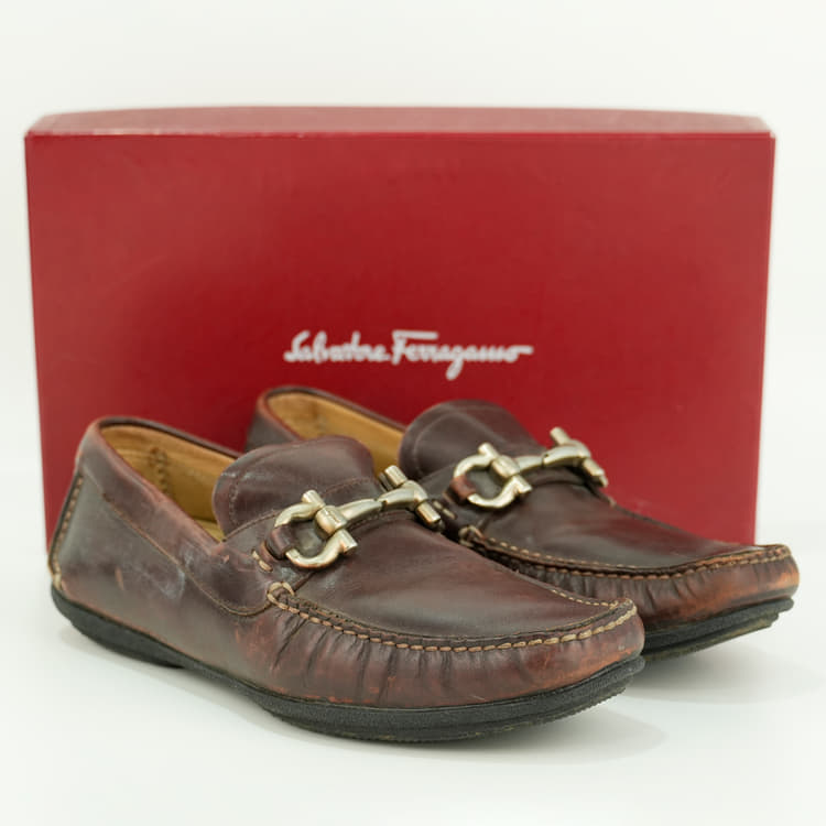 Size 42 - Salvatore Ferragamo men's brown leather Gancini loafers-Hover-Image