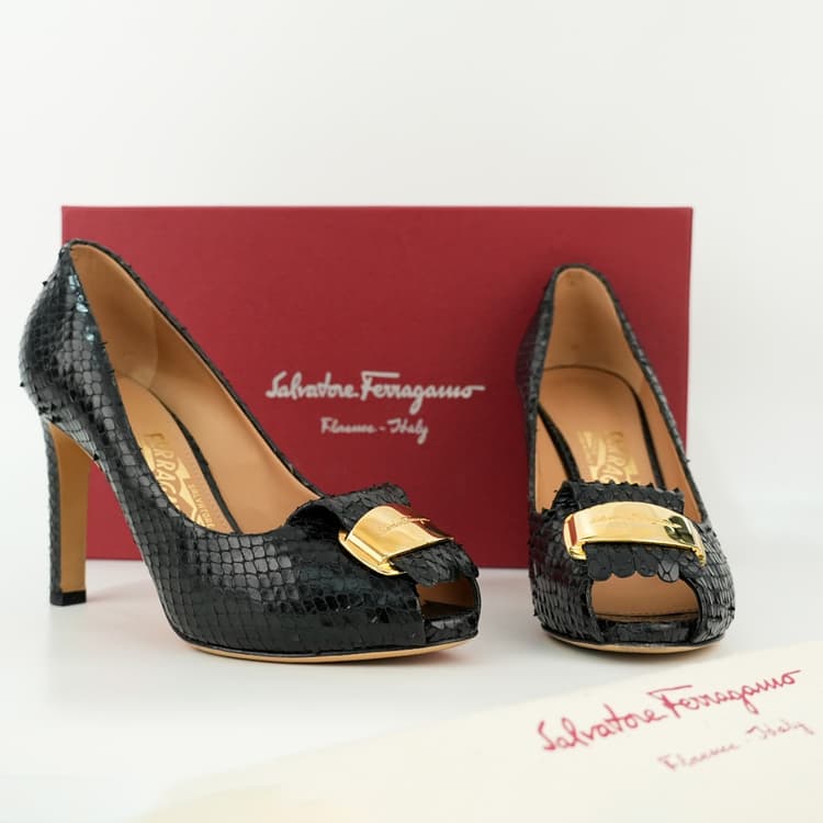 Size 6.5 - Salvatore Ferragamo Black Snakeskin Embossed Leather Logo Fringed Peep Toe Pumps-Hover-Image