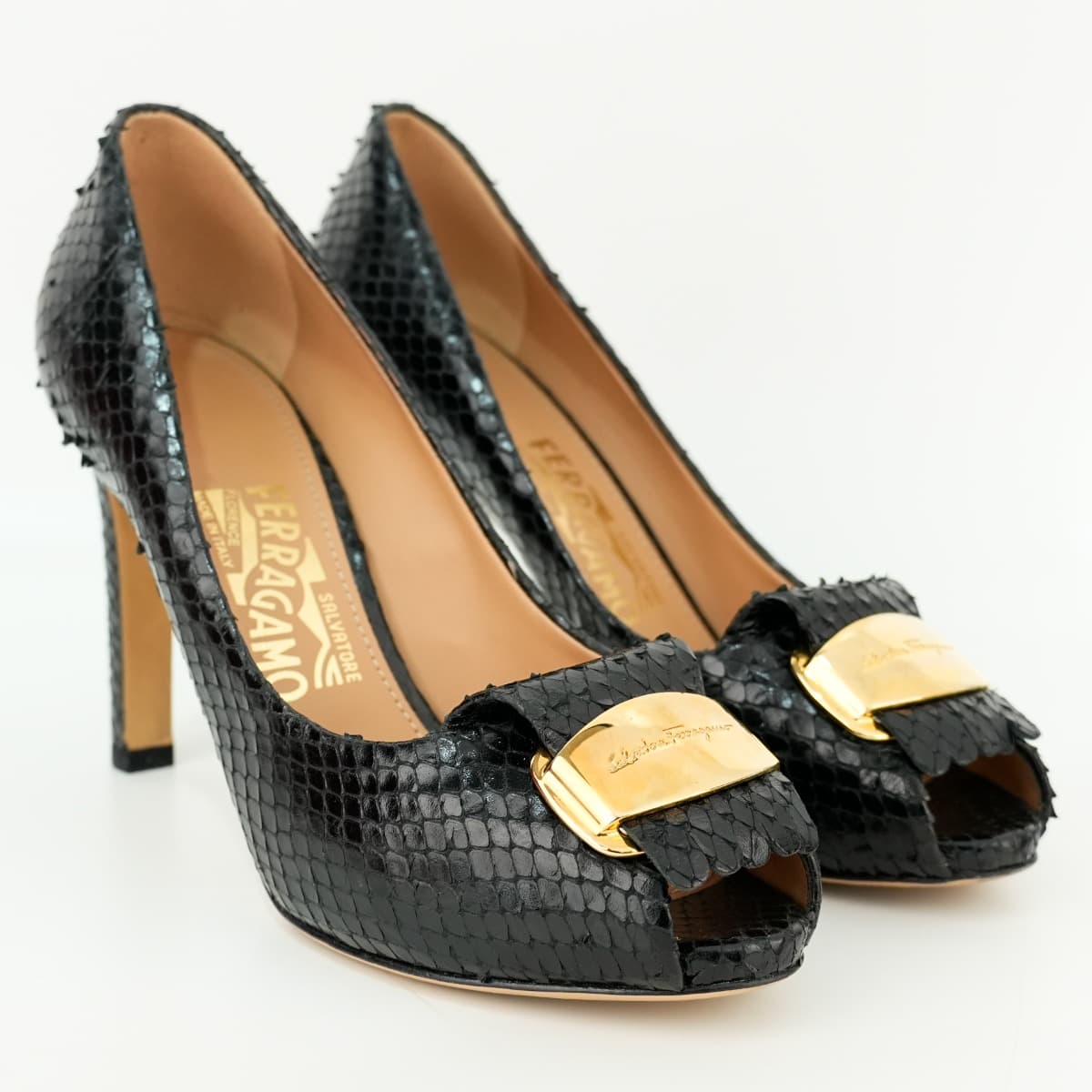 Size 6.5 - Salvatore Ferragamo Black Snakeskin Embossed Leather Logo Fringed Peep Toe Pumps