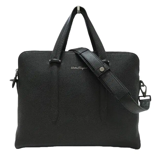 Salvatore Ferragamo Black Pebbled Leather Messenger Bag Briefcase