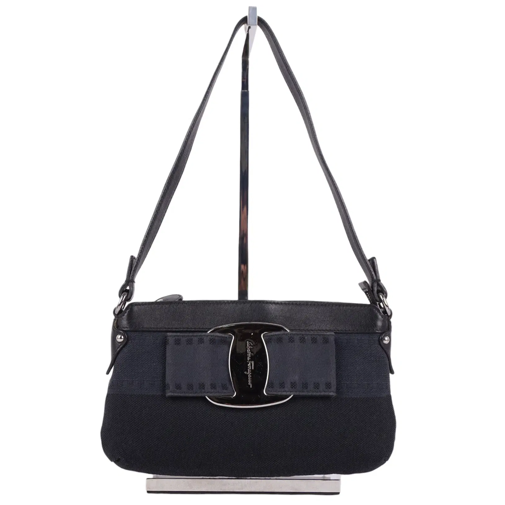 Salvatore Ferragamo Black Canvas Var Bow Shoulder Bag Small