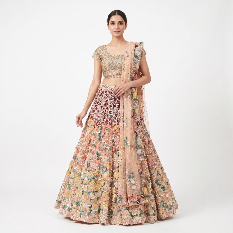 Seema Gujral Ombre Multi-Colored Net 3D Floral & Sequins Embroidered Lehenga Set-Hover-Image