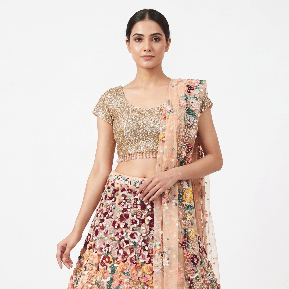 Seema Gujral Ombre Multi-Colored Net 3D Floral & Sequins Embroidered Lehenga Set