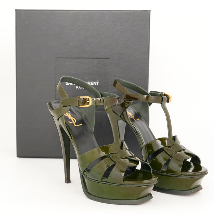 Saint Laurent Tribute platform sandals in green patent leather, Size EU 36-Hover-Image