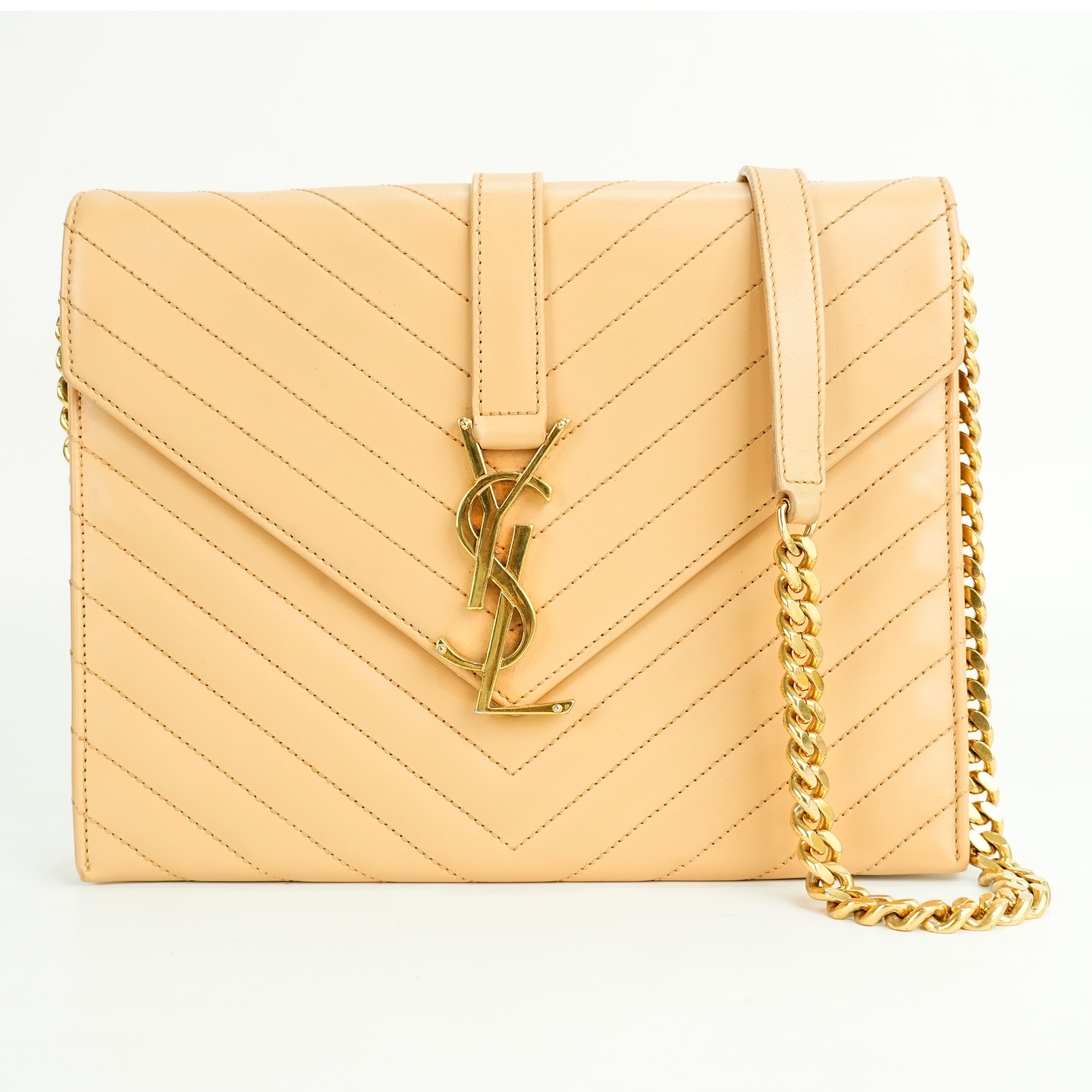 Saint Laurent Beige Chevron Quilted Leather Monogram Envelope Shoulder Bag