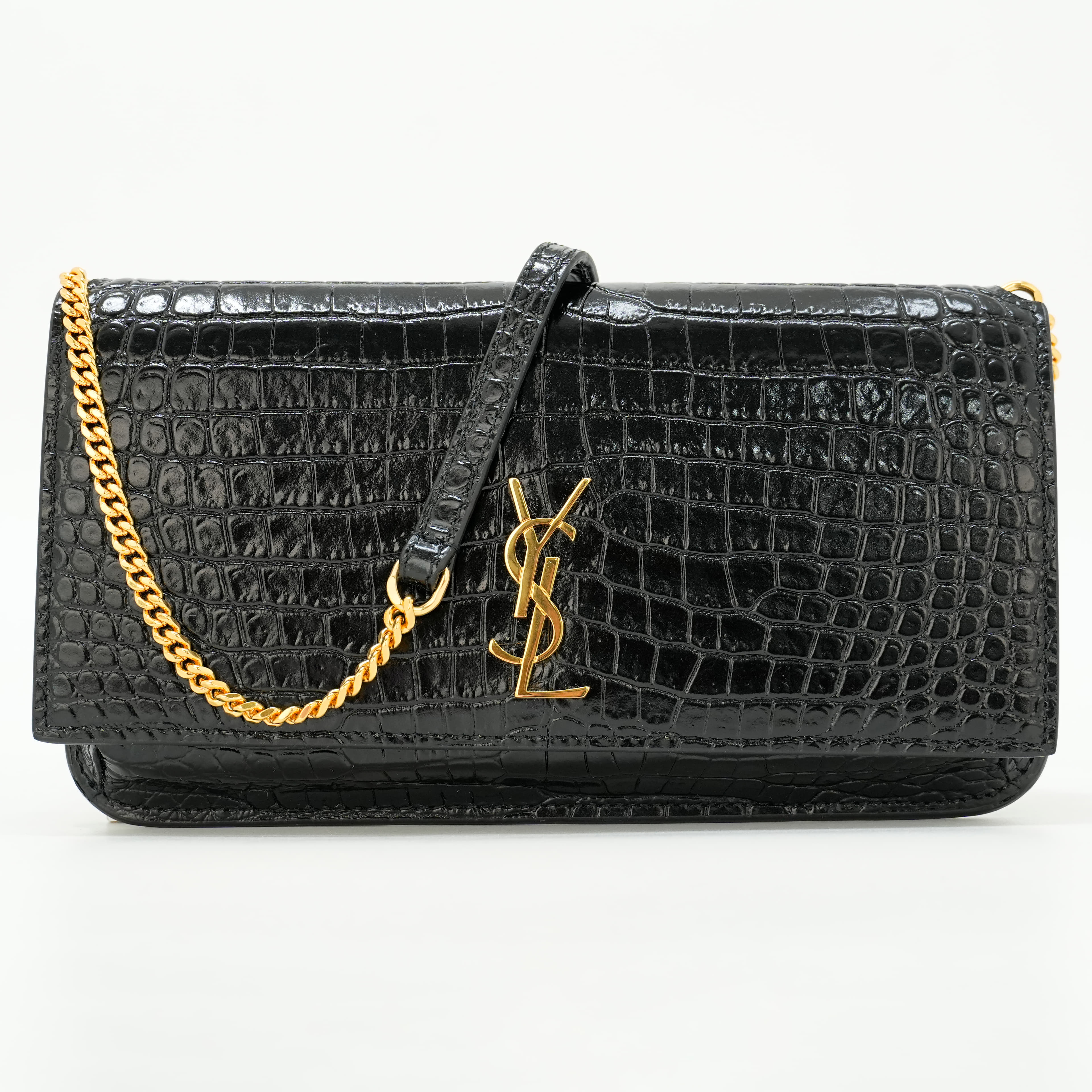 Saint Laurent Cassandre Phone Holder in black croc-effect leather